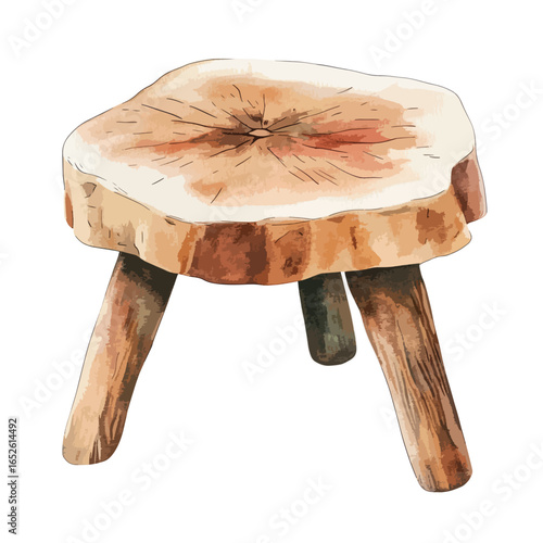 Rustic Watercolor Wooden Stool with Natural Wood Grain