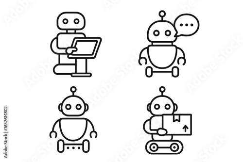 Robot icons grid set, outline style service and companion robots with touchscreen, speech bubble, wheelbase, delivery box, and tracked base vector illustration transparent