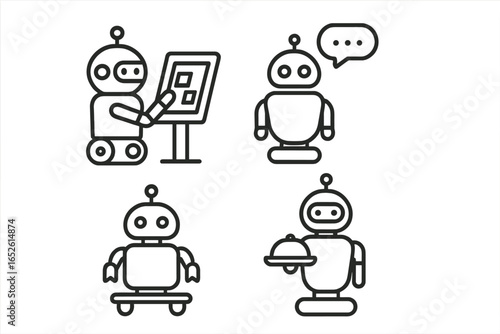 Robot Icons Grid. Outline Icon Set of Service and Companion Robots with Touchscreen Panel, Speech Bubble, Wheelbase, and Delivery Tray. Vector Illustration on Transparent Background