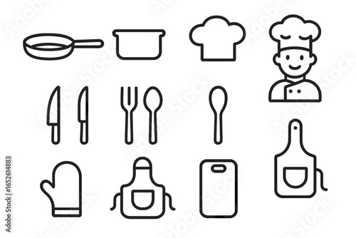 Cooking line icon set with chef, kitchen utensils, and culinary equipment. Vector collection of symbols like pan, pot, knife, apron, hat. Minimalist gastronomy illustration.