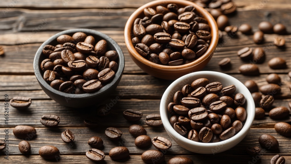 Fototapeta premium Coffee beans served in bowls on a rustic wooden table