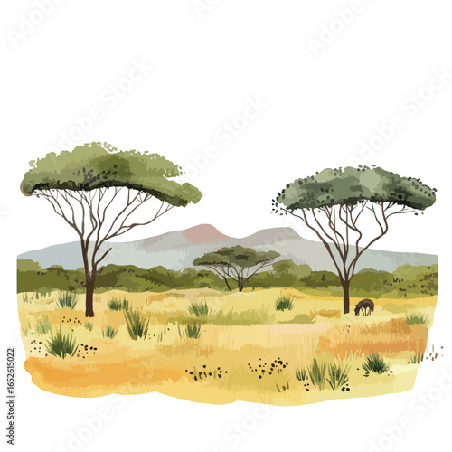 Serene African Savanna Landscape with Acacia Trees and Grazing Animal
