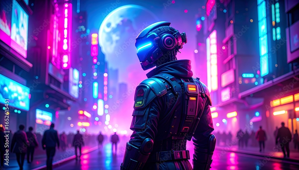 Fototapeta premium Futuristic city at night with a figure in a sleek suit