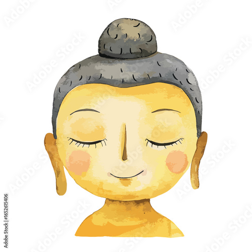 Serene Watercolor Buddha Portrait Closed Eyes Gentle Smile