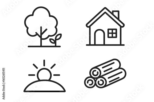 Nature and housing outline icon set with tree, house, sunrise, and wood logs. Minimalist line art symbols for ecology, real estate, forestry, and natural materials. Vector pictogram collection.