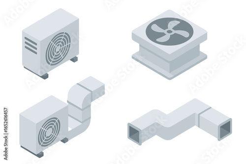 Rooftop HVAC Icon Set of 4, Isometric Flat Vector Illustration of Air Conditioning Units, Ventilation Fans, and Ductwork for Building Climate Control Systems