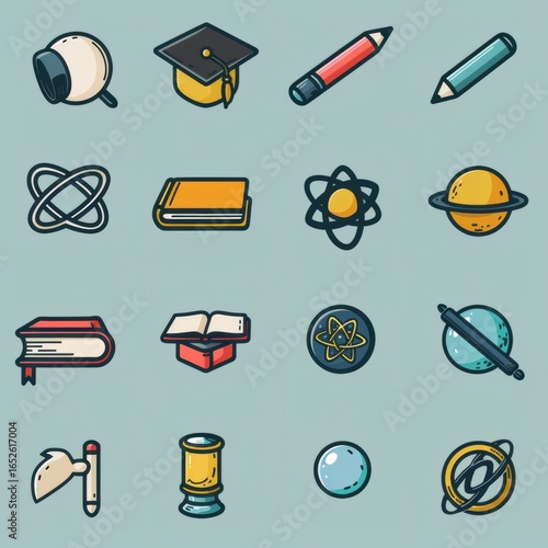 Colorful Educational Icons for School and Science Themes