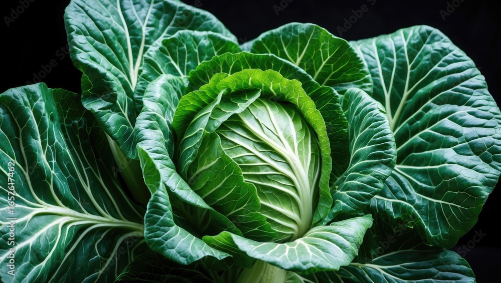 Obraz premium Close-up view showcasing the detailed pattern of vibrant green cabbage leaves with a black backdrop and natural lighting