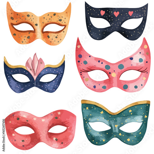 Six Decorative Watercolor Masks with Unique Designs and Details