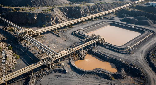 Aerial View of Mining Operation with Tailings Pond and Pipeline Infrastructure