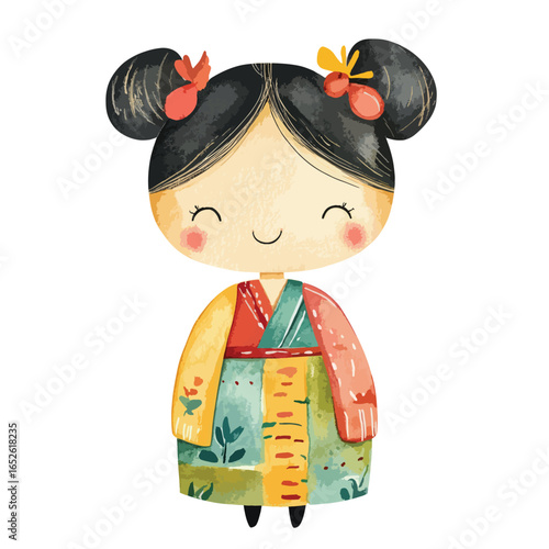 Smiling Watercolor Geisha Doll with Colorful Kimono and Adorable Hair Buns