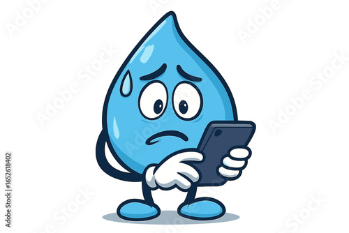 Worried water drop character looking at a smartphone. Anxious mascot receiving bad news on a mobile device. Concept of stress, sadness, anxiety, and uncertainty. Sweaty cartoon vector illustration.