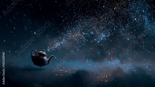 Teapot pouring stars into a cosmic night sky