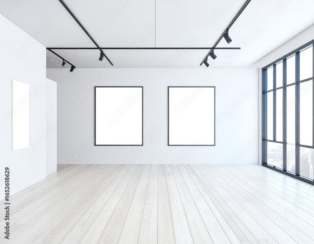 Fototapeta premium Bright gallery space with blank frames offering artistic display possibilities