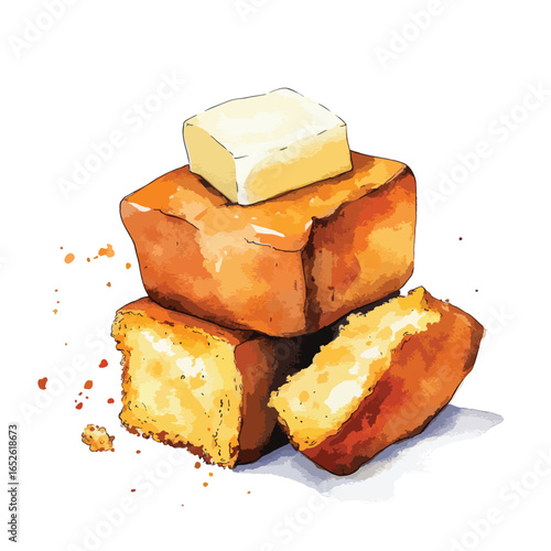 Stacked Cornbread Slices with Butter Watercolor Style