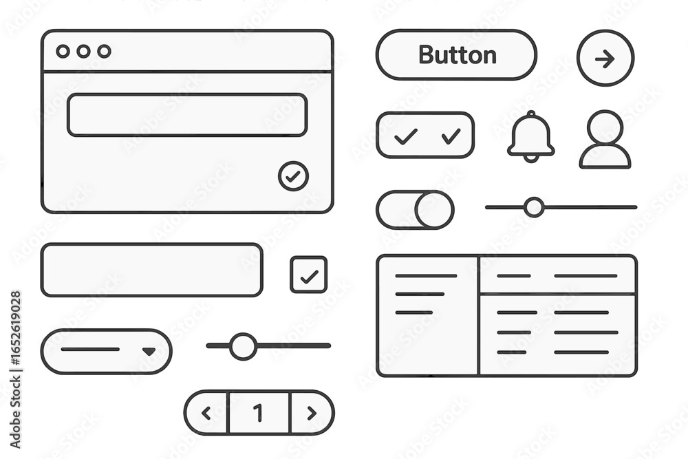 Minimalist UI kit with web design elements. User interface components set for website and mobile app development. Vector GUI for wireframe, mockup, and prototype. Button, slider.