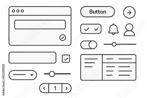 Minimalist UI kit with web design elements. User interface components set for website and mobile app development. Vector GUI for wireframe, mockup, and prototype. Button, slider.