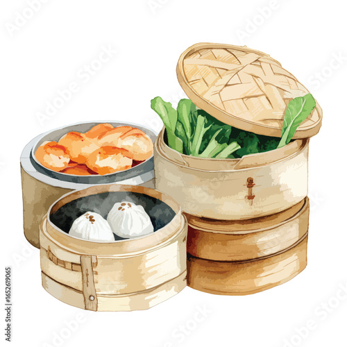 Steaming Dim Sum A Trio of Bamboo Baskets with Dumplings and Greens