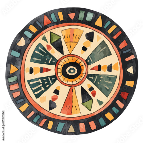 Stylized Circular Design with Geometric Shapes and Earthy Watercolor Textures