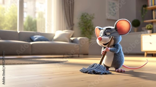 cute cartoon mouse mopping the floor in a modern apartment
