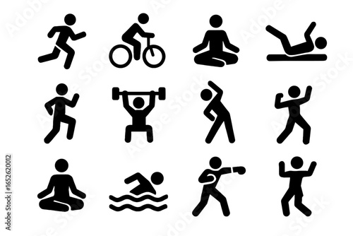 Icons meditation yoga weightlifting cycling icon fitness workout vector running stretching virtual