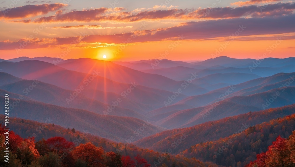 Fototapeta premium Bright autumn sunrise casting hues on the scenic mountain landscape