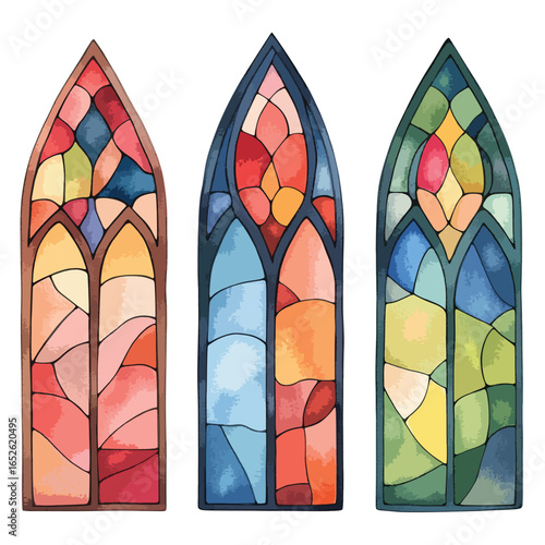 Three Colorful Stained Glass Windows with Unique Geometric Designs and Watercolor Textures