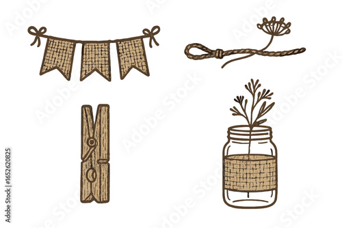 Rustic Icon Set of 4 with Burlap Texture, Twine String, Wooden Clothespin, Mason Jar with Wildflower, Farmhouse Style Vector Illustration