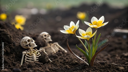 Surreal Macro Photograph of Yellow and White Flowers with Skeletal Figures Emerging from Dark Soil