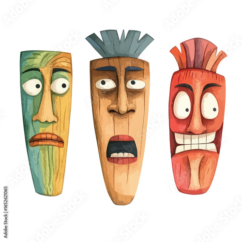 Three expressive tiki masks with varied colors and exaggerated facial features