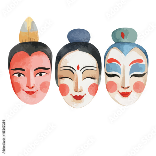Three stylized Asian masks with unique makeup and headwear details