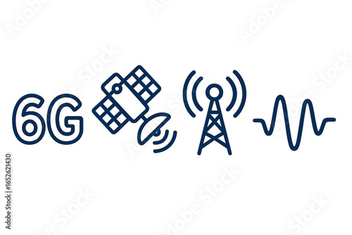 6G wireless communication technology concept. Icon set with satellite, cell tower, and radio wave symbols. Future of mobile networks, high-speed internet, and data transmission.