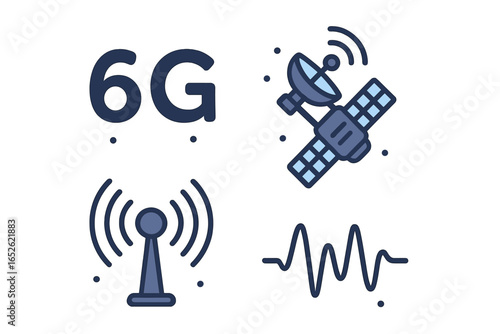 6G wireless technology vector icon set. Symbols of future mobile communication: satellite, antenna tower, signal waveform. Concepts for global network and internet advancement.