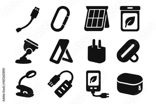 Detachable vector hub solar eco pouch wrap plug charger clip accessories icon