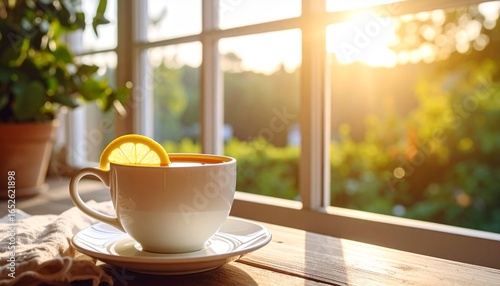 Wallpaper Mural Warm cup of tea with lemon slice on a windowsill bathed in sunlight, with lush green foliage outside Torontodigital.ca