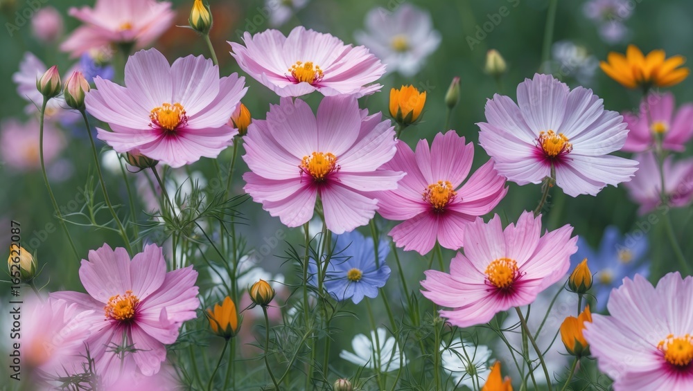 Fototapeta premium Vibrant Cosmos Blooms Amidst Mountain Ranges
