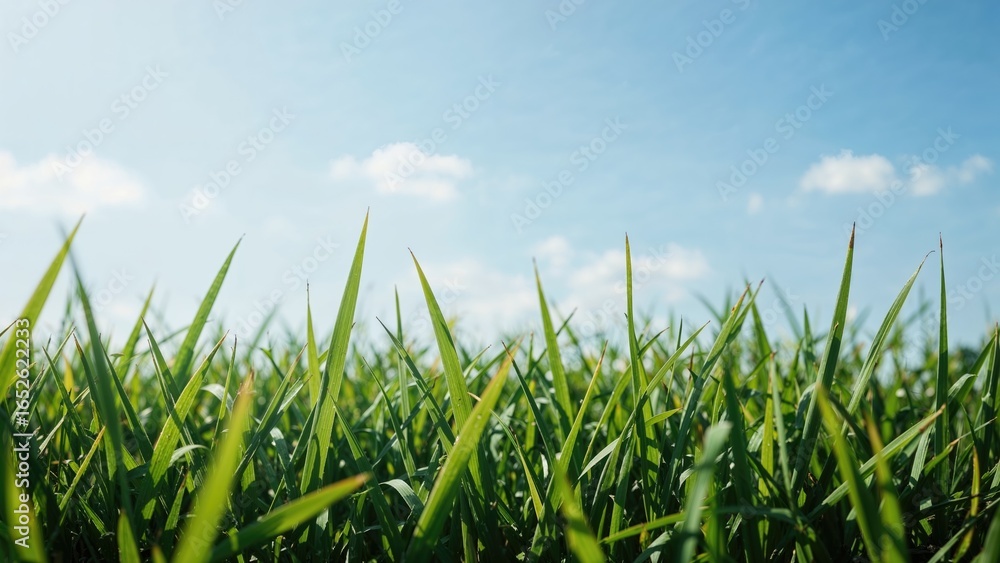 Fototapeta premium Gentle sunlight illuminates a grassy backdrop with floral patterns and abstract textures, evoking a summer sky and natural design for banners