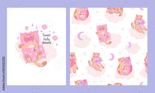 Collection seamless patterns with adorable kittens and composition with cute cat sleeping on cloud
