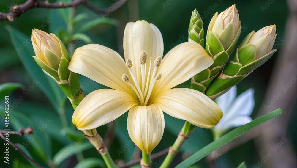 Fototapeta premium Curcuma longa's flower displays a gentle yellow or cream color, accompanied by green, white, or purple bracts.