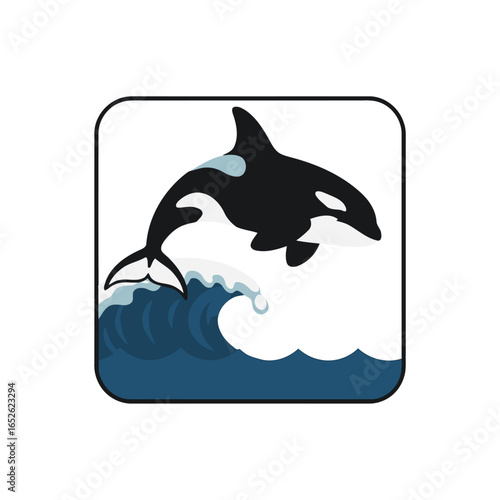 A stylized illustration of a black and white orca, or killer whale, jumping over a blue ocean wave.