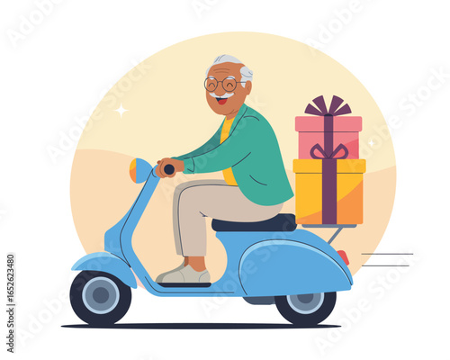 Happy Senior on Scooter Delivering Gifts