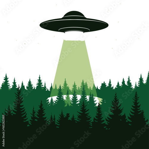 A UFO flying saucer hovers over a dark green pine forest, beaming down a ray of light.