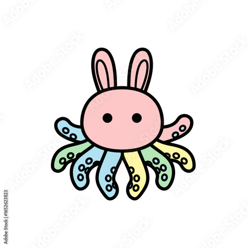 A cute pink octopus-rabbit hybrid cartoon with colorful tentacles and long ears.