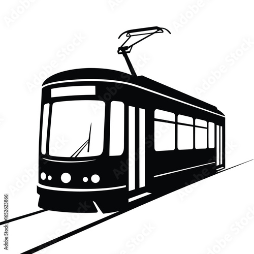 Black silhouette of a tram on train tracks with overhead power line streetcar trolley