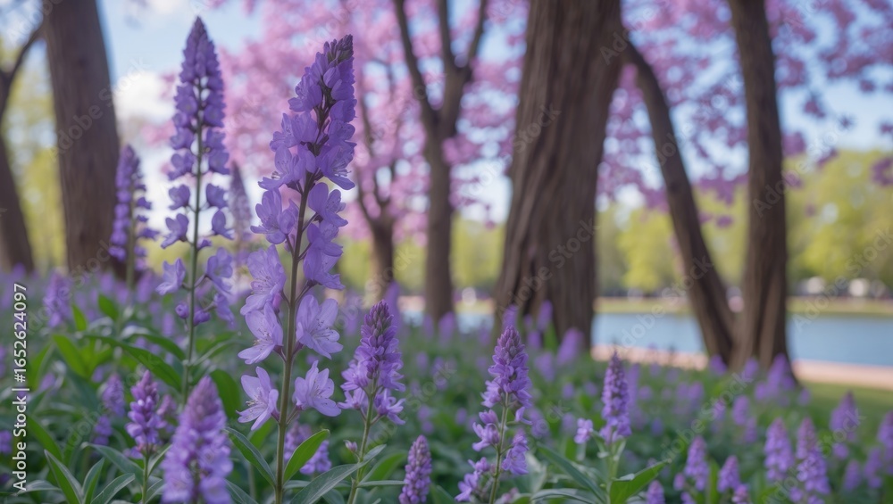 Obraz premium Close-up of stunning purple blooms flourishing on plants surrounded by trees in a natural park environment