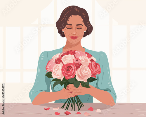 Woman holding a bouquet of roses, appreciating the beautiful scent and color