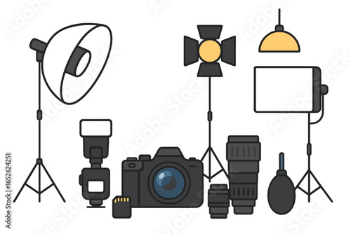 Photography equipment and photo studio gear set. Professional photographer tools with digital camera, lens, flash, softbox, light, and tripod. Vector line art illustration.