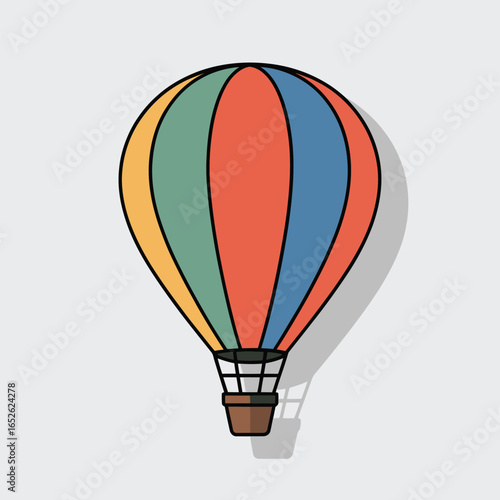 Colorful hot air balloon with basket and shadow on textured background airship flight