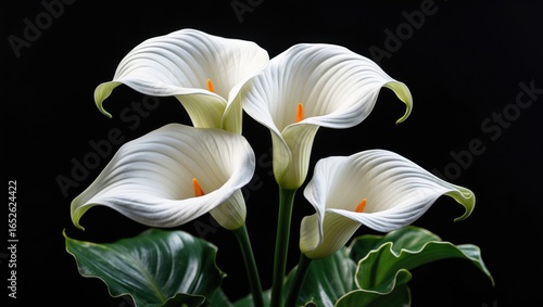 Fototapeta Naklejka Na Ścianę i Meble -  Stunning contrast of white calla flowers with a black background