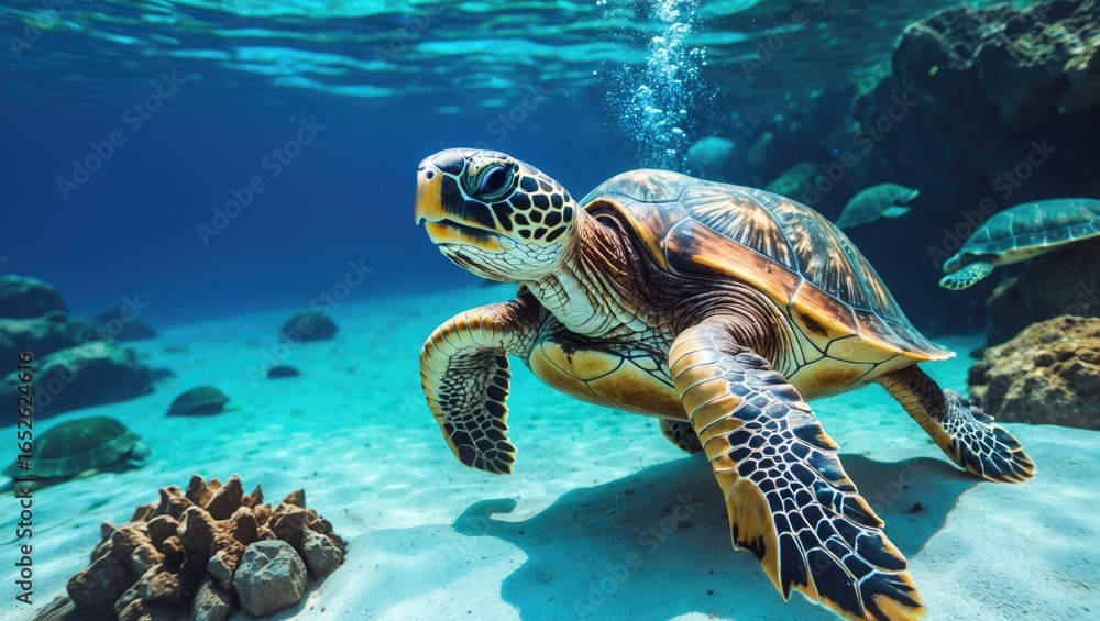 Obraz premium Marine life: a cheerful turtle swimming in vibrant ocean waters for diving enthusiasts